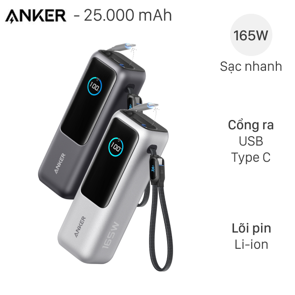 Pin Dự Phòng Anker 25.000mAh 165W Tích Hợp Cáp Rút Gọn A1695 – Sức Mạnh Đỉnh Cao Cho Mọi Thiết Bị