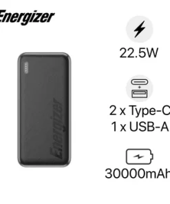 Pin Sạc Dự Phòng Energizer UE30055PQBK – 30.000 mAh, 22,5W PD + QC – Sạc Nhanh, 3 Cổng, Năng Lượng Bền Bỉ