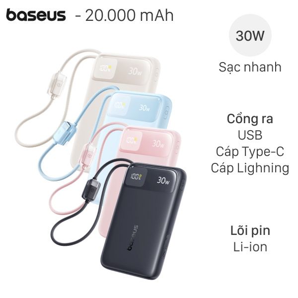 Pin sạc dự phòng Baseus Comet Pro E0027Y 20,000 mAh – Sạc nhanh PD/QC 3.0 30 W, Type-C, kèm cáp Lightning & Type-C