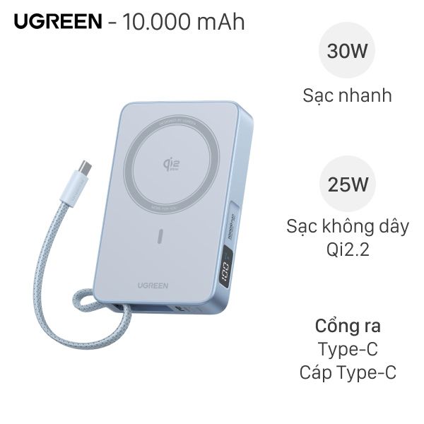 Pin sạc dự phòng UGREEN PB773 Magnetic Qi2.2 Type-C PD 30W – Sạc không dây nhanh, nhỏ gọn và tiện dụng