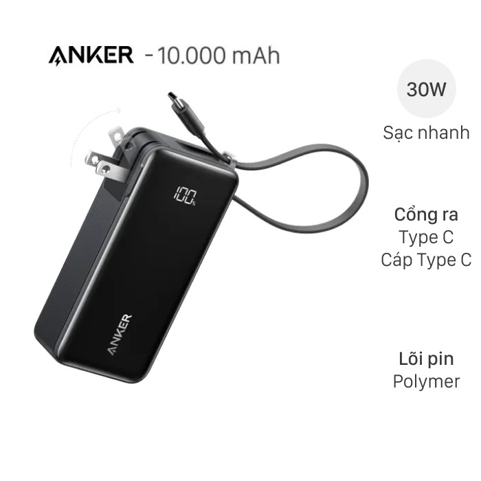 Pin sạc dự phòng Polymer 10000mAh kiêm Adapter Sạc Type-C PD 30W Anker A1637 (kèm cáp Type-C)