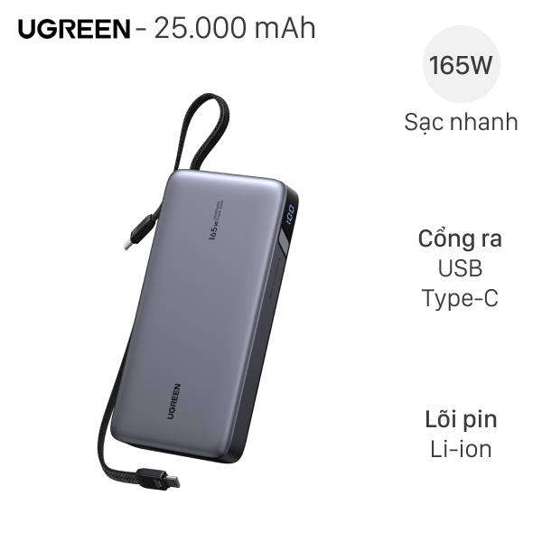 Pin sạc dự phòng UGREEN PB552 – 25000mAh | PD & QC 3.0 | 165W | Cáp Type-C